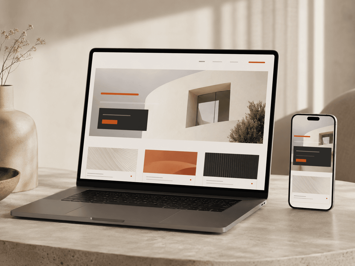 Cortix Web vist på en bærbar computer og en telefon på et lyst bord