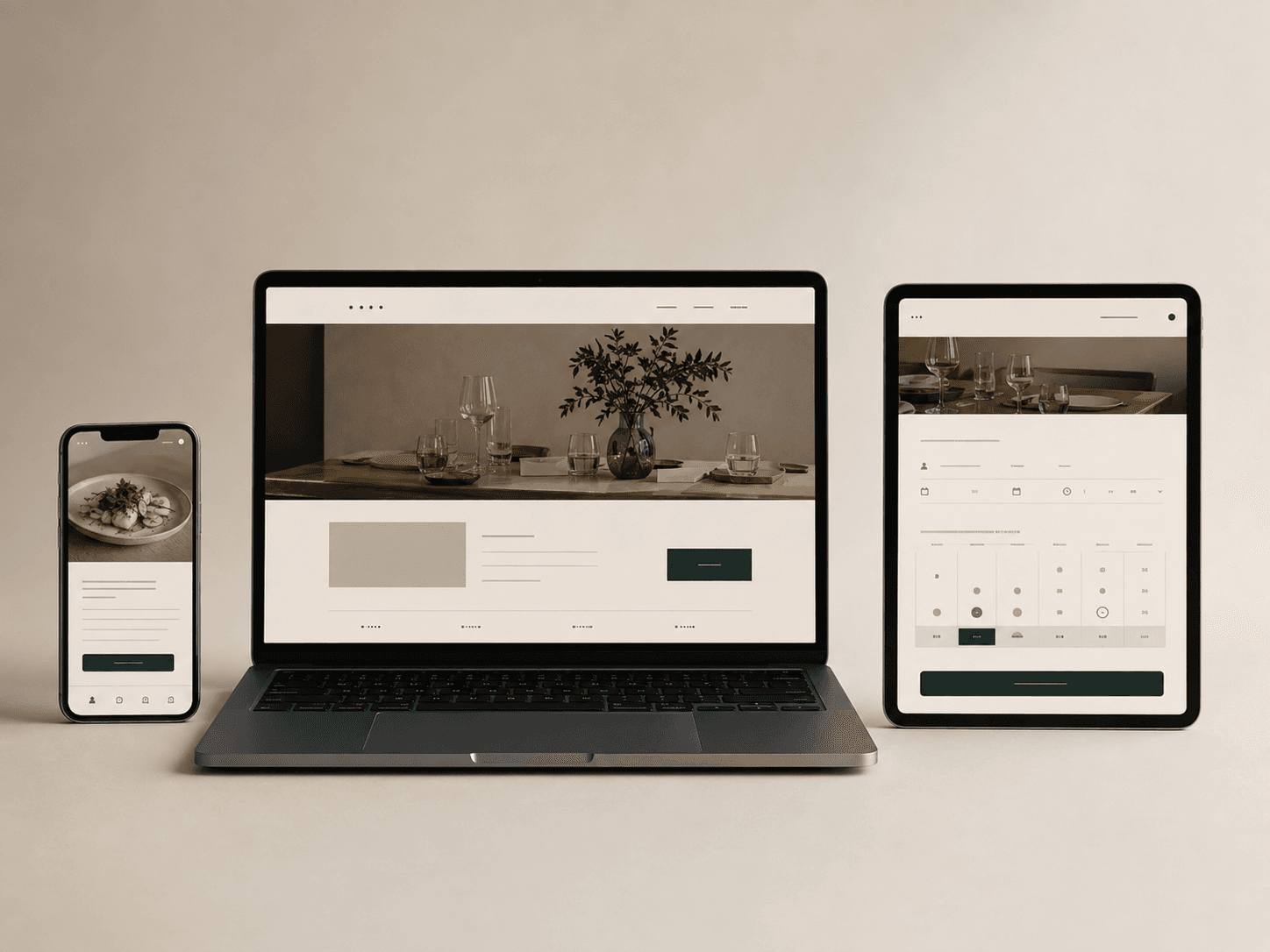 Restaurantens hjemmeside vist på computer, tablet og telefon