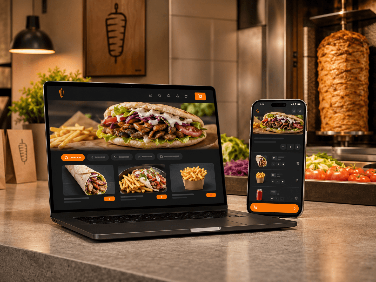 Takeaway-bestillingsside vist på computer og telefon i en kebabbutik